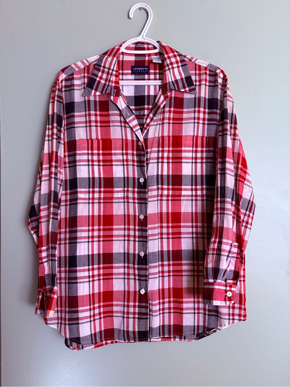 Liz Claiborne Lizsport Red Plaid Button Down Shirt M 100% Cotton Sheer Thin 90s